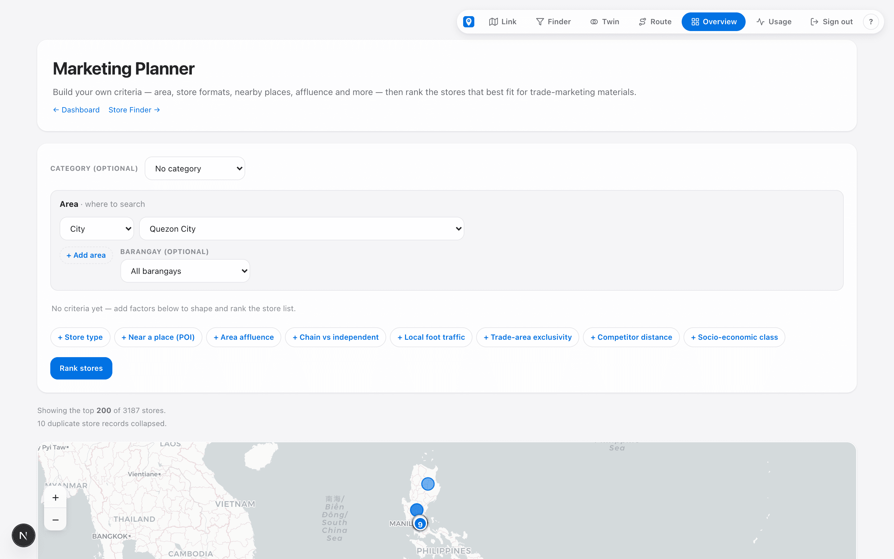 Store Builder — stack criteria and rank stores for trade materials