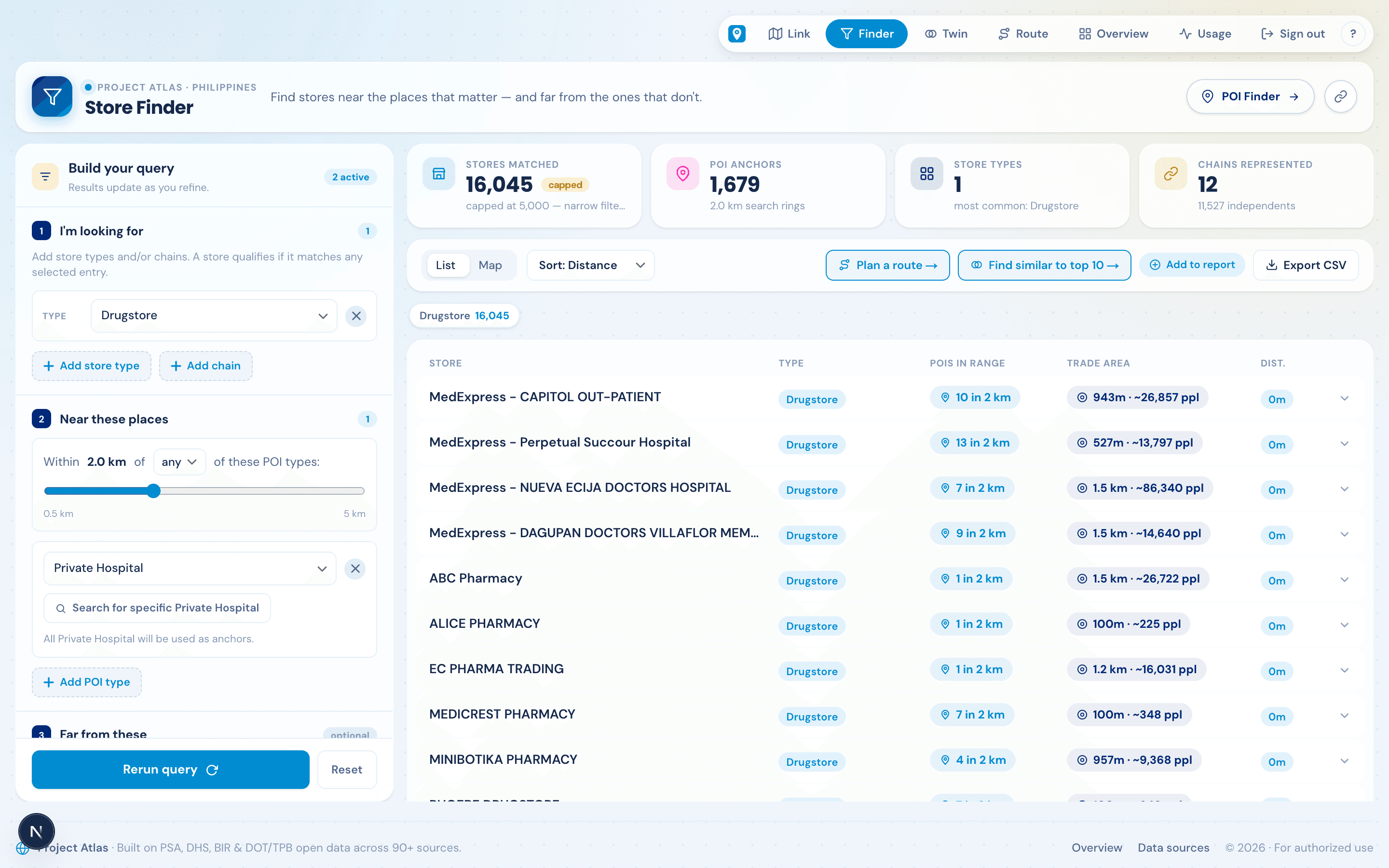 Atlas Find — live store results with trade-area chips