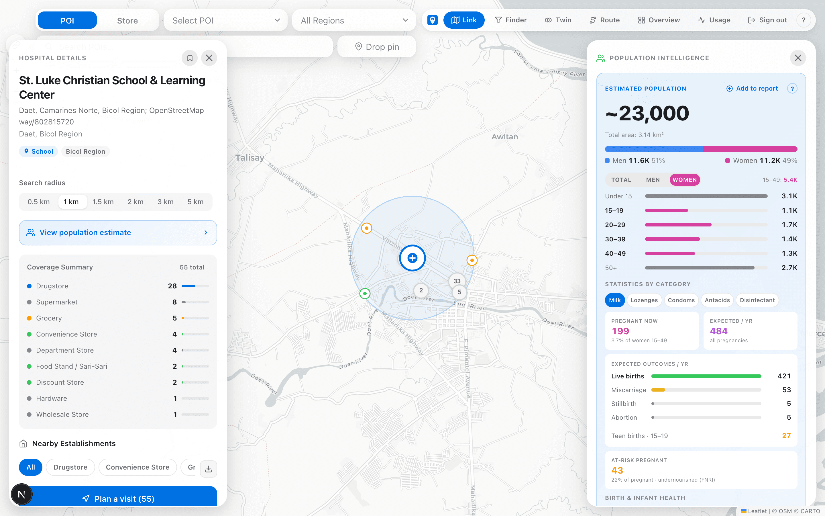 Atlas Link — a POI selected on the living map with its store coverage and population intelligence panels