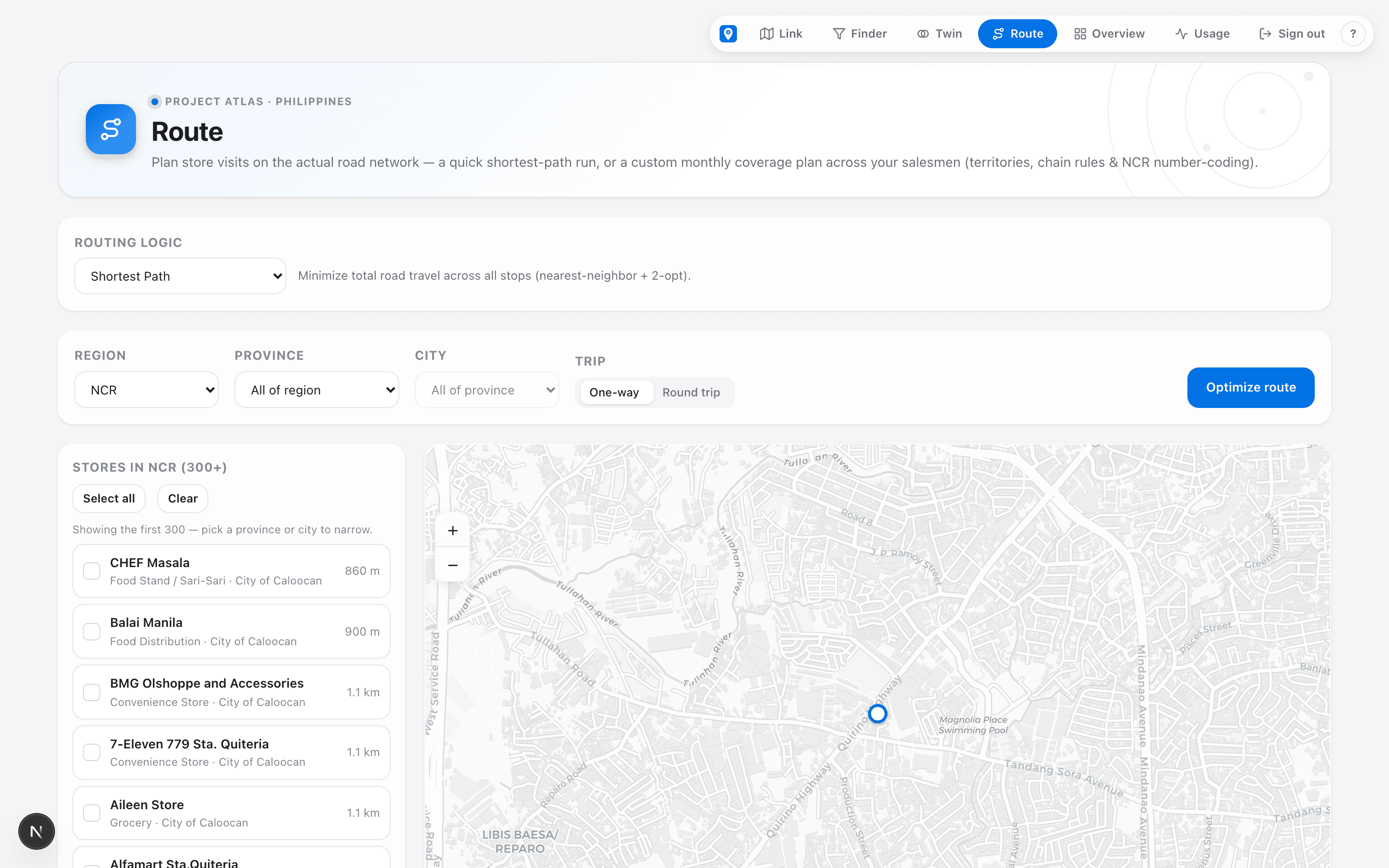 Atlas Route — road-network route optimization over NCR stores