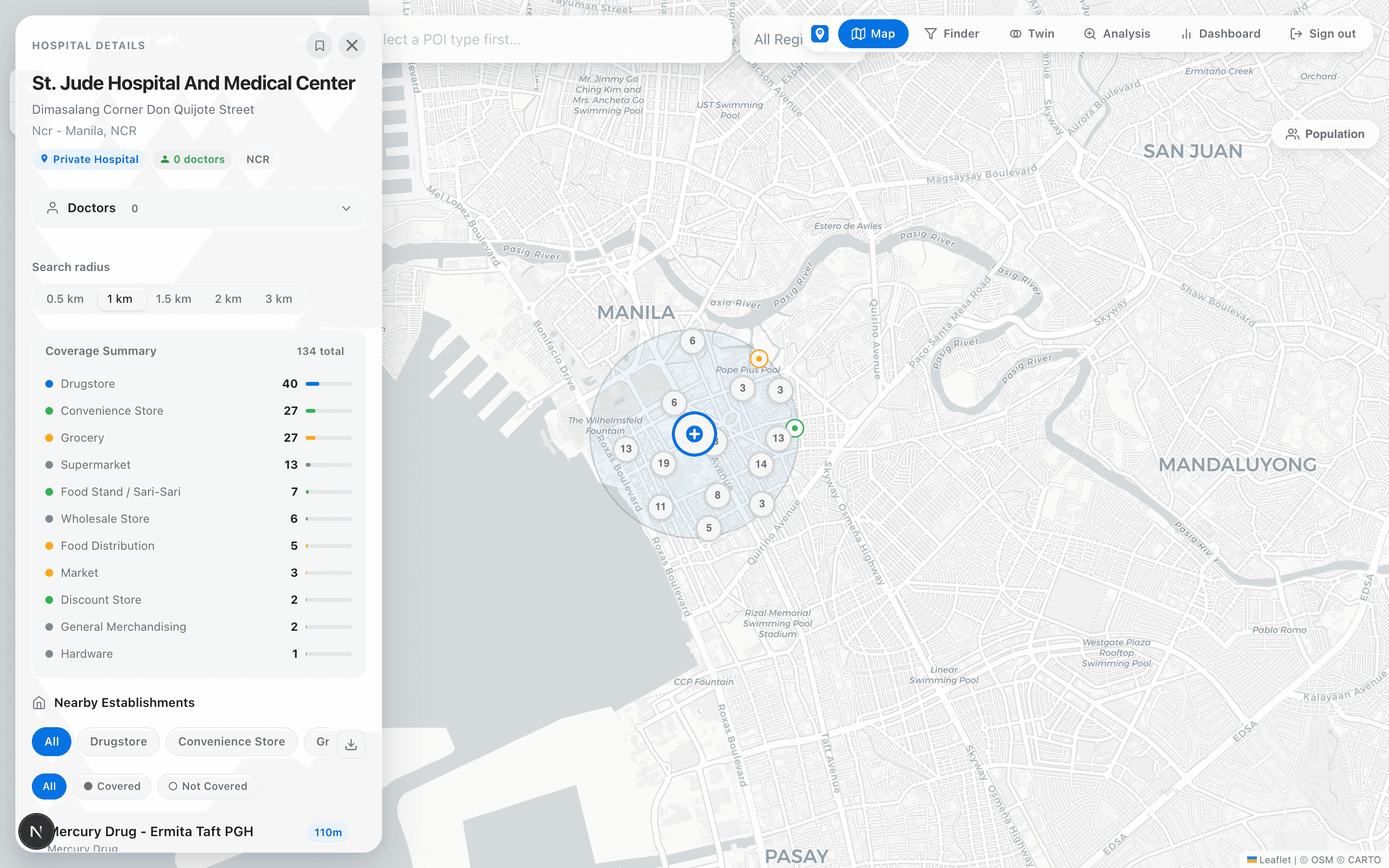 A hospital selected on the Atlas map, showing its nearby-store coverage within a search radius