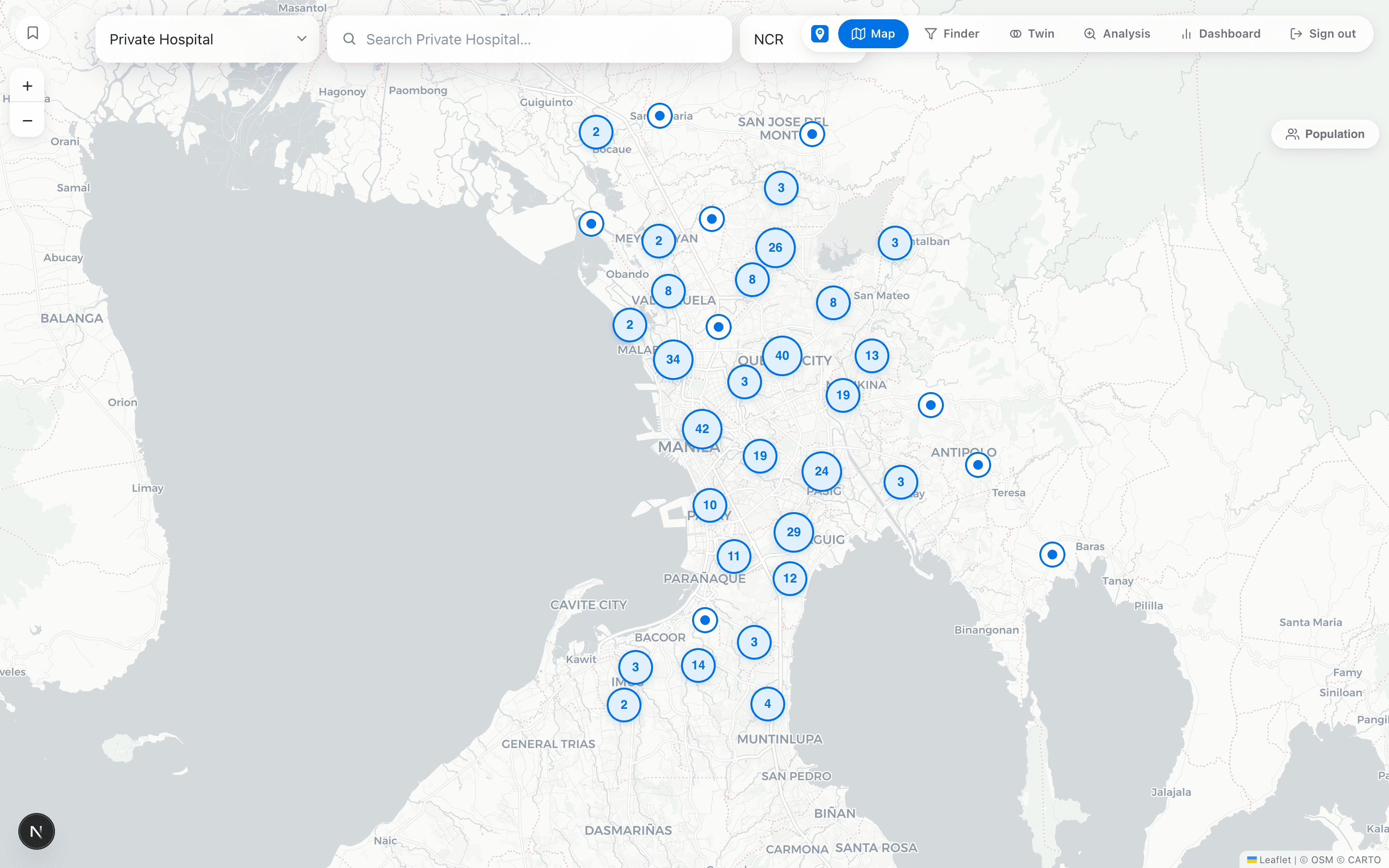 Private hospitals clustered across Metro Manila on the Atlas map